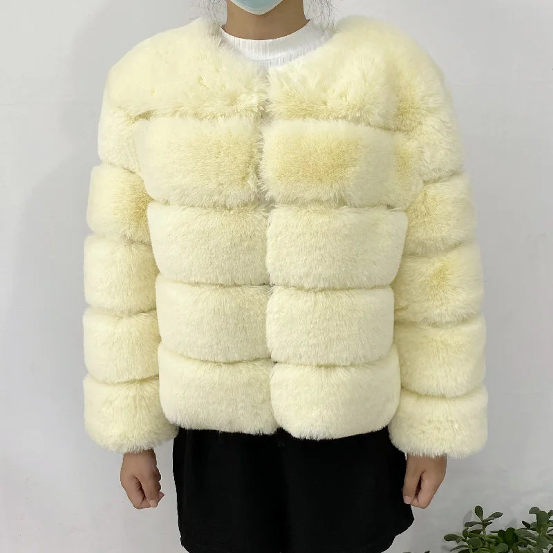 Veste Fourrure Renard Synthétique Beige Femme - Blouson Court Manches 3/4 - badassmood