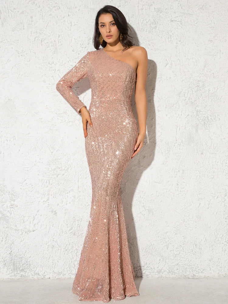 Robe de Soirée Sequins Asymétrique Femme - Robe Sirène Luxe Dos Nu