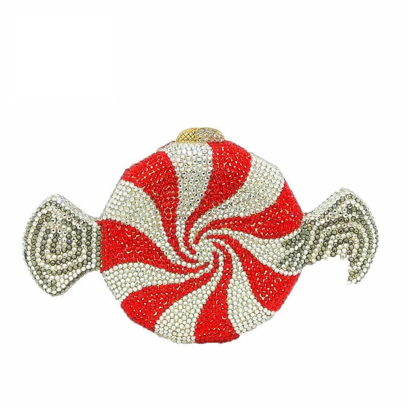 Pochette soirée Bonbon avec strass et diamants, sac élégant pour mariage et fête, luxe pour femme.