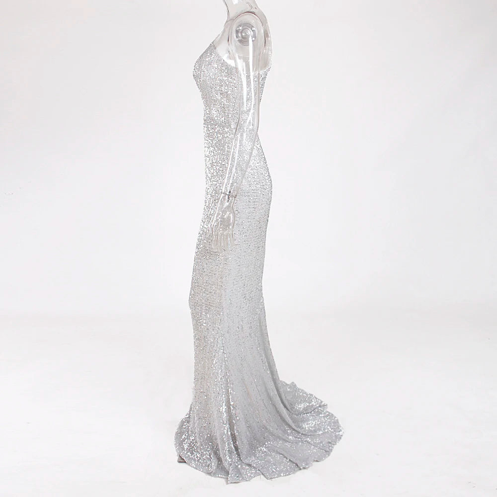 Robe de Soirée Sequins Asymétrique Femme - Robe Sirène Luxe Dos Nu