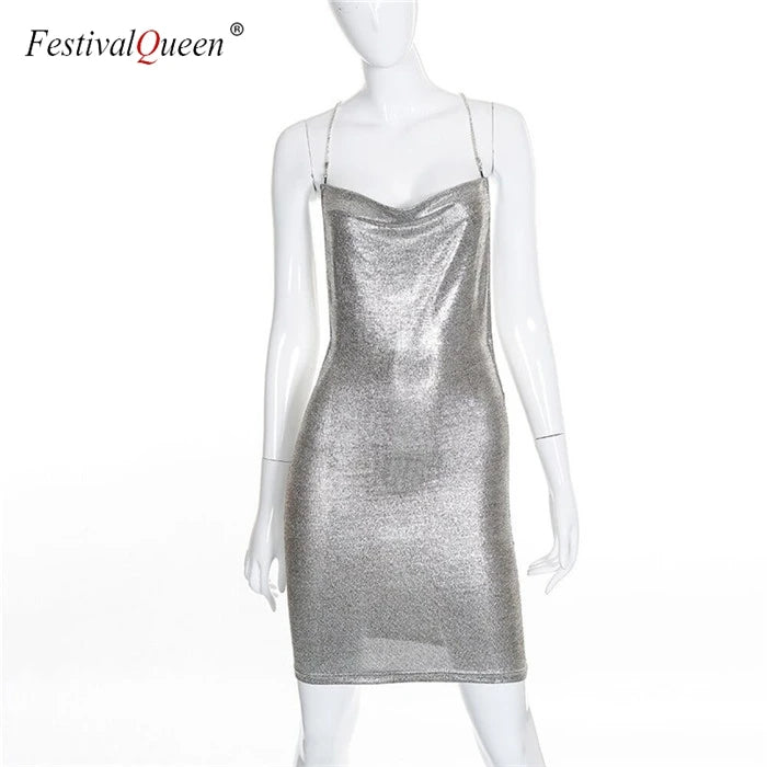 Robe Mini Argentée Strass Femme - Robe Soirée Dos Nu Moulante