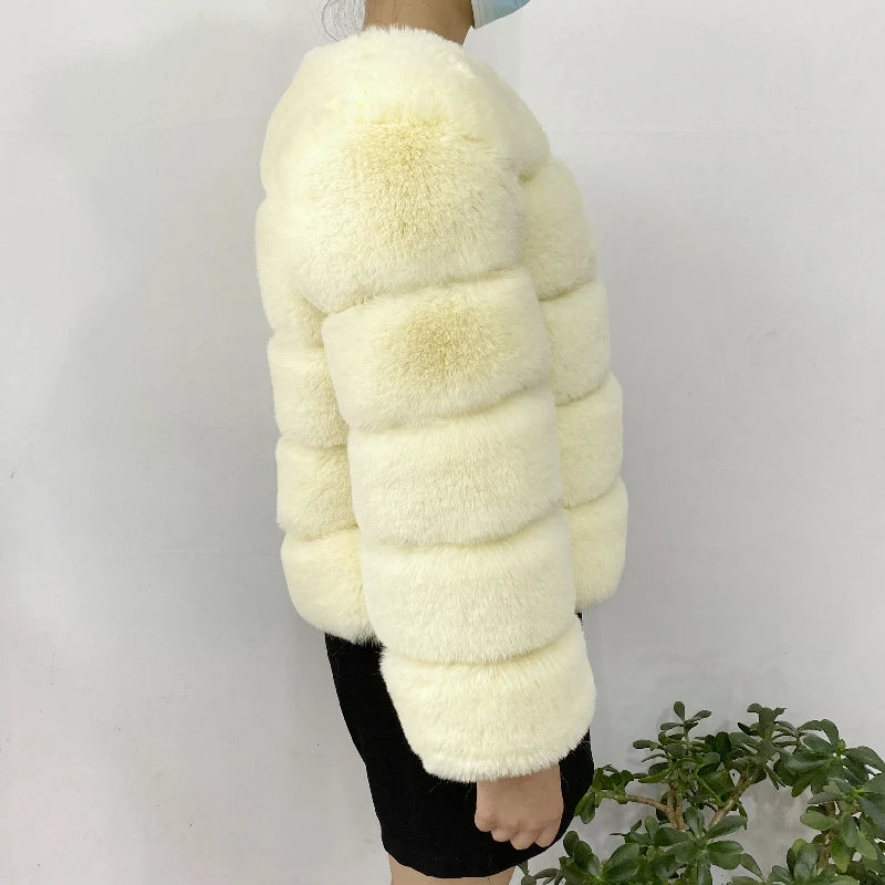 Veste Fourrure Renard Synthétique Beige Femme - Blouson Court Manches 3/4 - badassmood