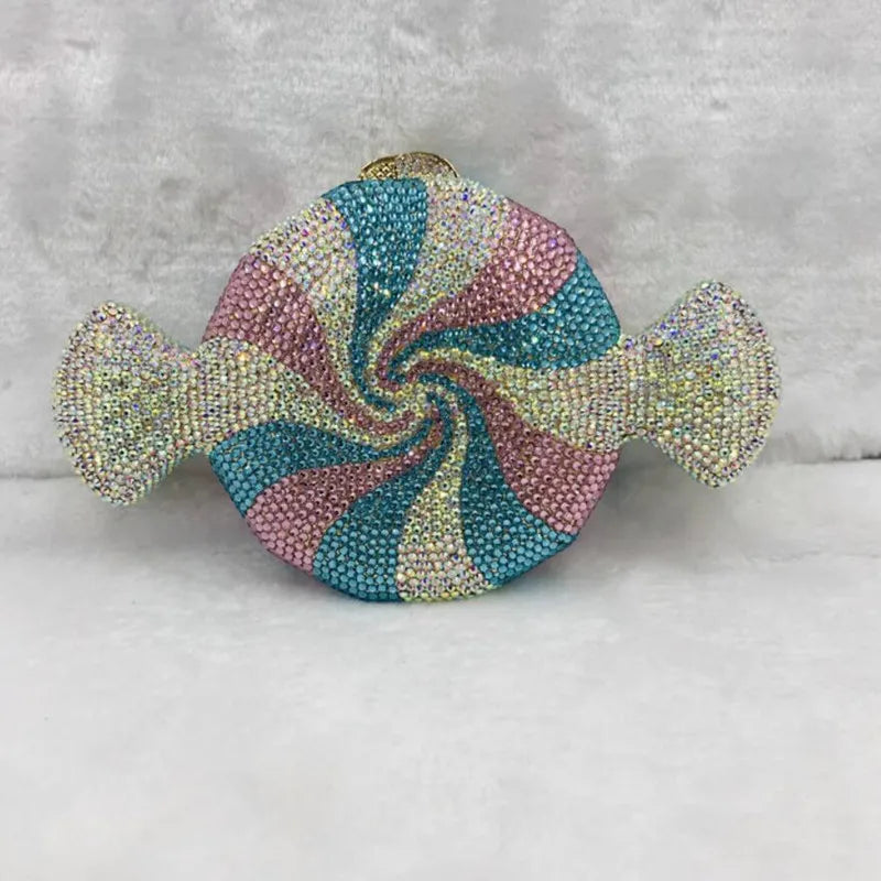 Pochette soirée Bonbon avec strass et diamants, sac élégant pour mariage et fête, luxe pour femme.