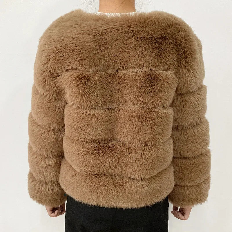 Veste Fourrure Renard Synthétique Beige Femme - Blouson Court Manches 3/4 - badassmood