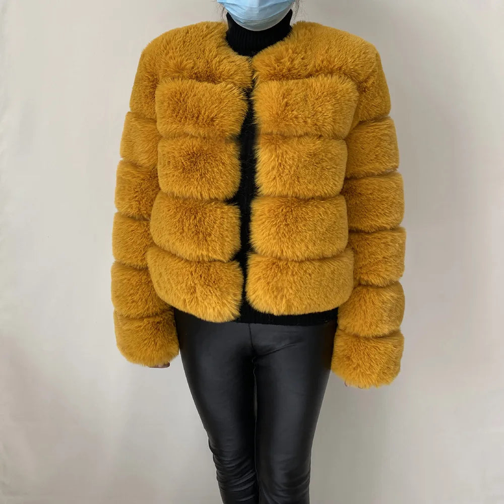 Veste Fourrure Renard Synthétique Beige Femme - Blouson Court Manches 3/4 - badassmood