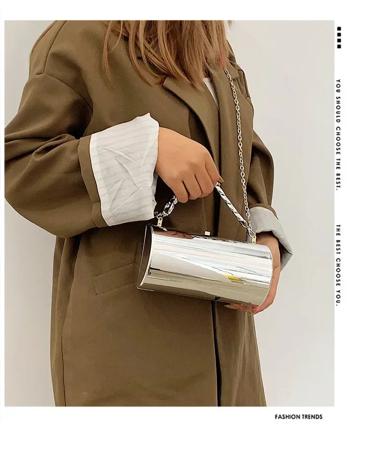 Pochette Cylindre Mini Soirée 2026 - Sac Femme Doré Bandoulière Box Clutch Party - badassmood