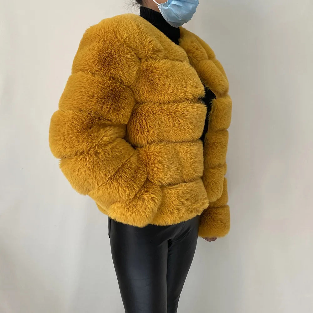 Veste Fourrure Renard Synthétique Beige Femme - Blouson Court Manches 3/4 - badassmood