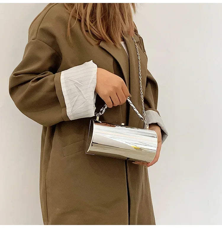 Pochette Cylindre Mini Soirée 2026 - Sac Femme Doré Bandoulière Box Clutch Party - badassmood