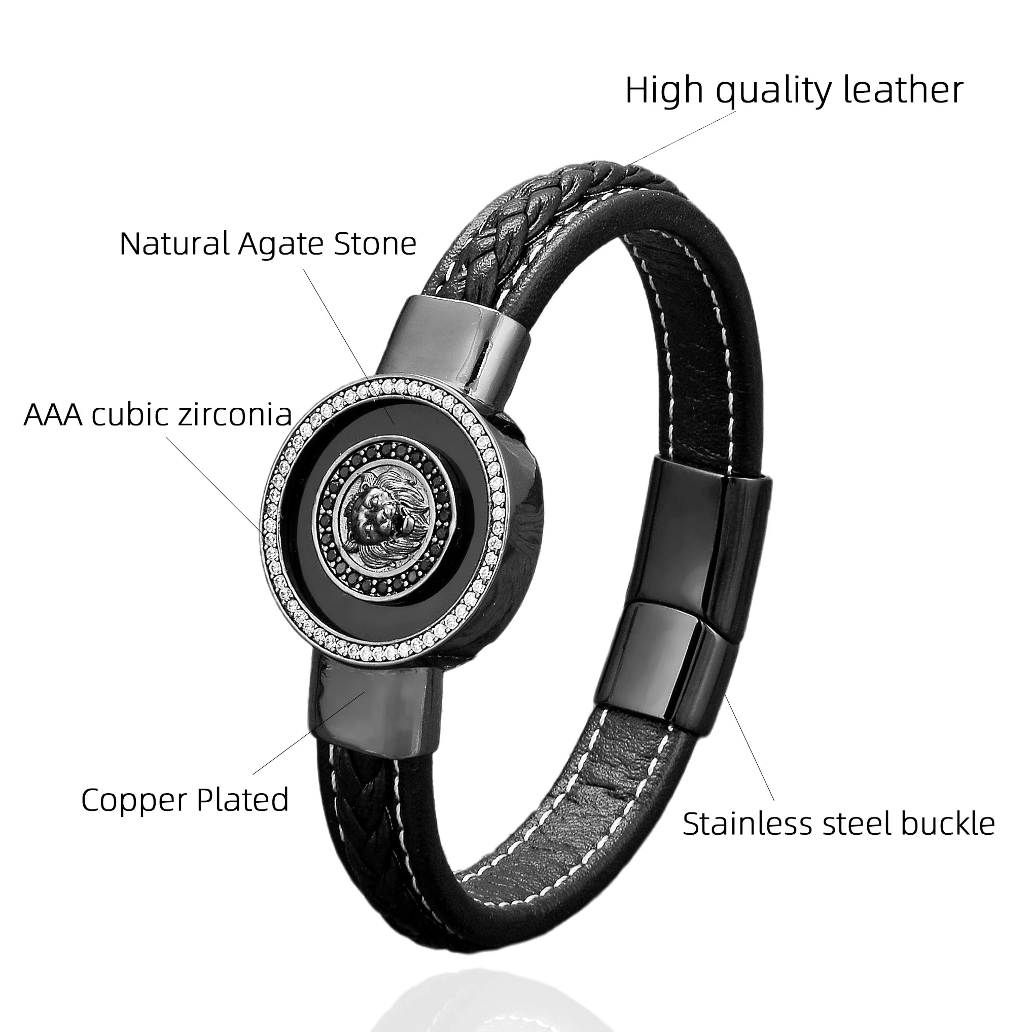 Bracelet Cuir Lion Luxe - Agate Naturelle Zirconium Unisexe Hip-Hop - badassmood