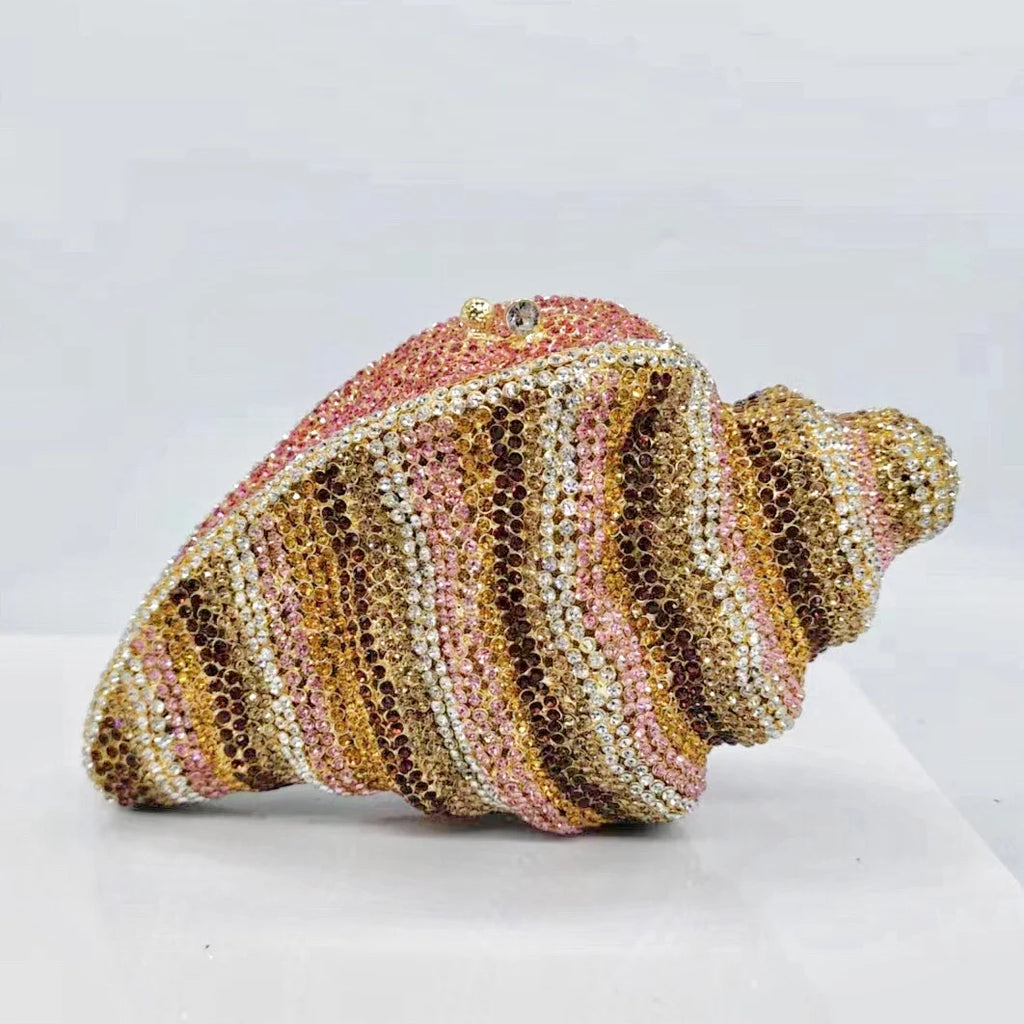 Pochette soirée en coquillage avec cristaux et strass, sac de mariage luxe pour femme, élégant accessoire de soirée.