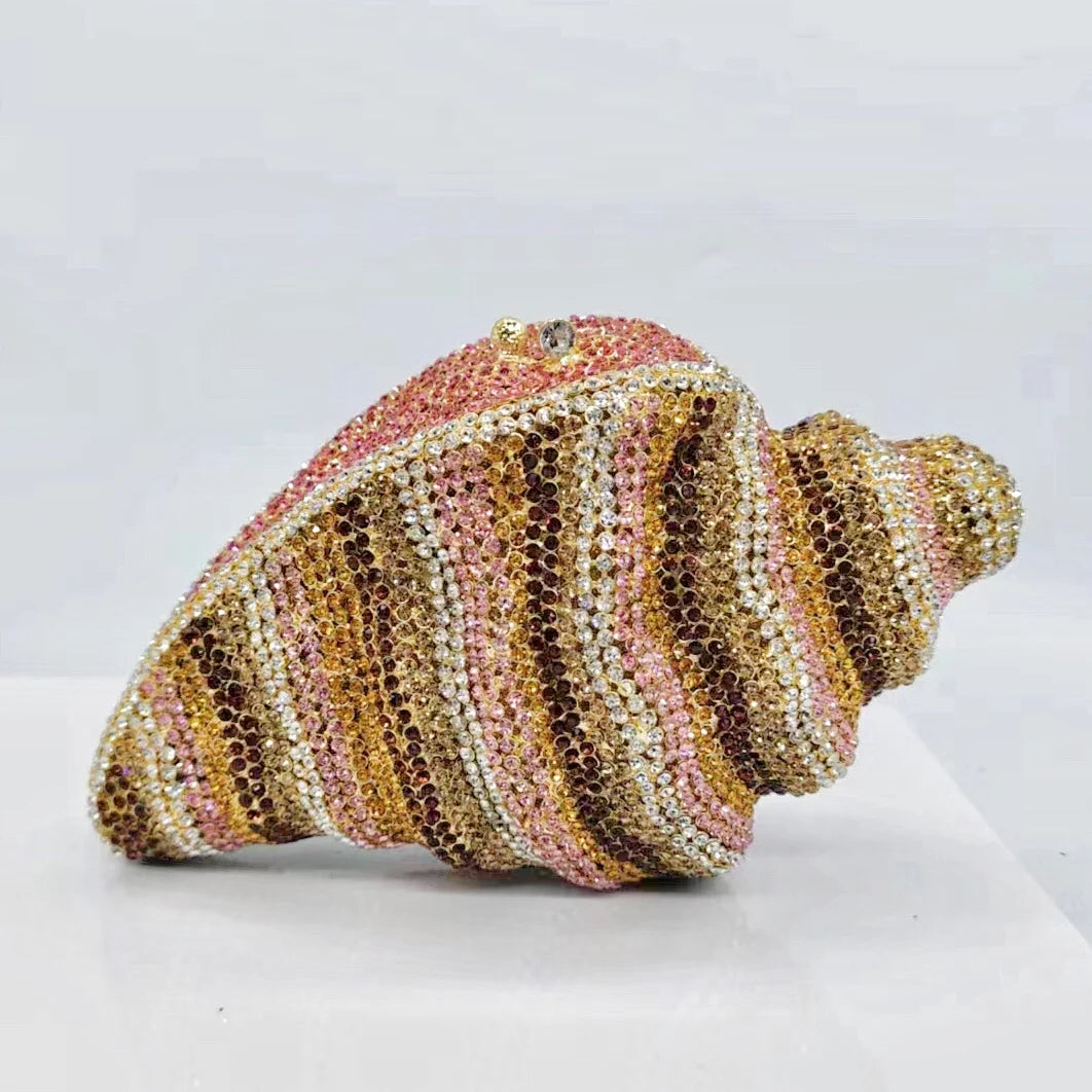 Pochette soirée en coquillage avec cristaux et strass, sac de mariage luxe pour femme, élégant accessoire de soirée.