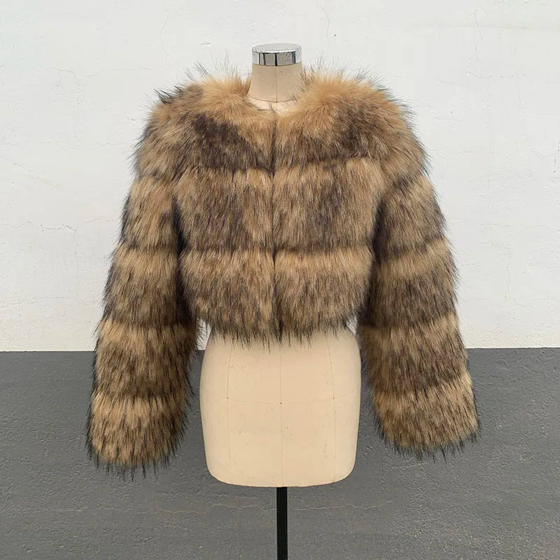 ZADORIN High Quality Cropped Faux Raccoon Fur Coat Women Winter Fashion O Neck Long Sleeve Fluffy Short Faux Fur Jacket Crop Top - badassmood