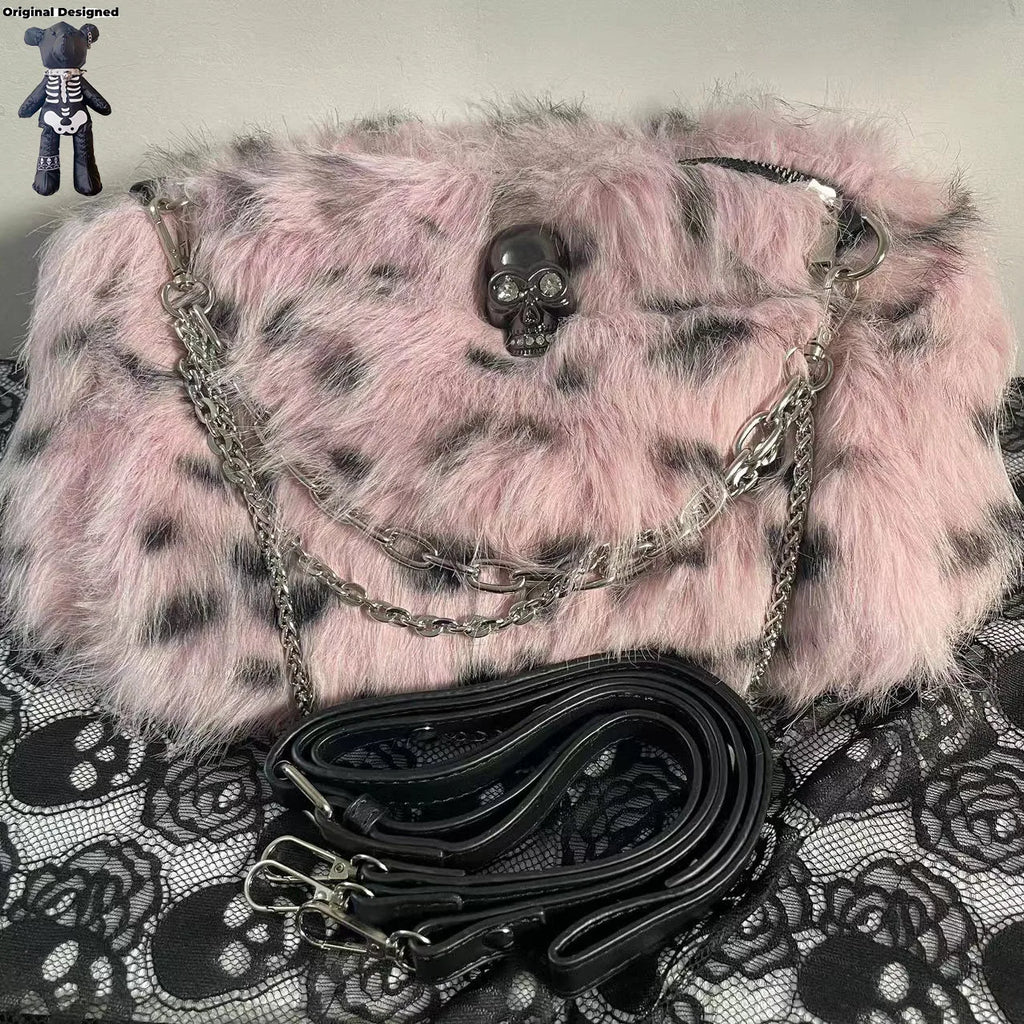 Sac à main léopard rose en peluche, style Y2K punk, bandoulière pour femme, accessoire de mode tendance et original.