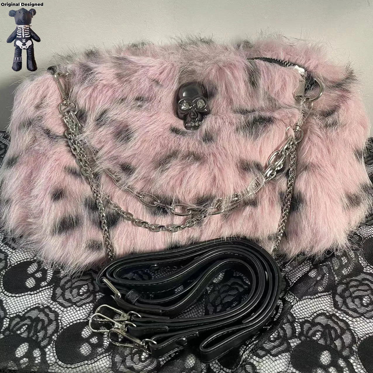 Sac à main léopard rose en peluche, style Y2K punk, bandoulière pour femme, accessoire de mode tendance et original.