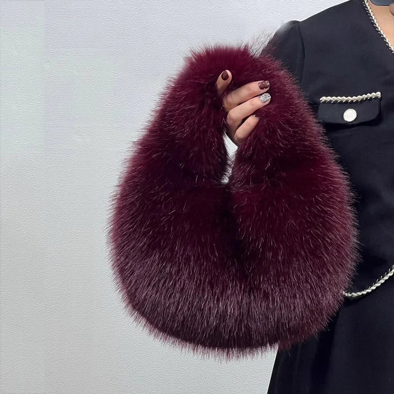 Fashion Soft Plush Half Moon Bags for Women Designer Fluffy Faux Fur Lady Handbags Luxury Small Tote Female Winter Purses - badassmood