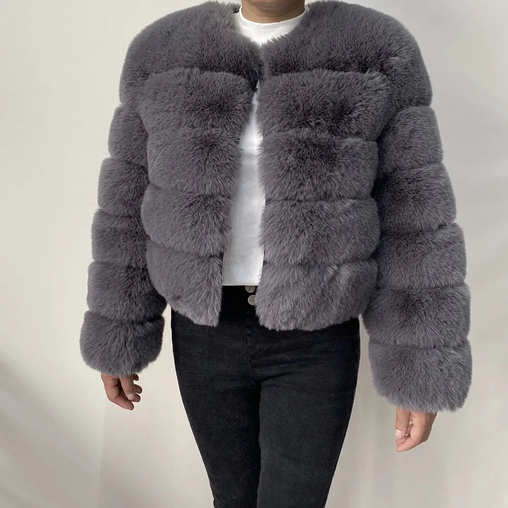 Veste Fourrure Renard Synthétique Beige Femme - Blouson Court Manches 3/4 - badassmood