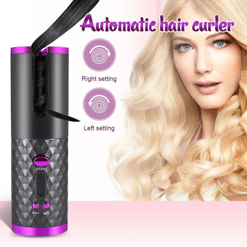 Boucleur automatique sans fil pour cheveux, rechargeable USB, avec boucles parfaites et design pratique.