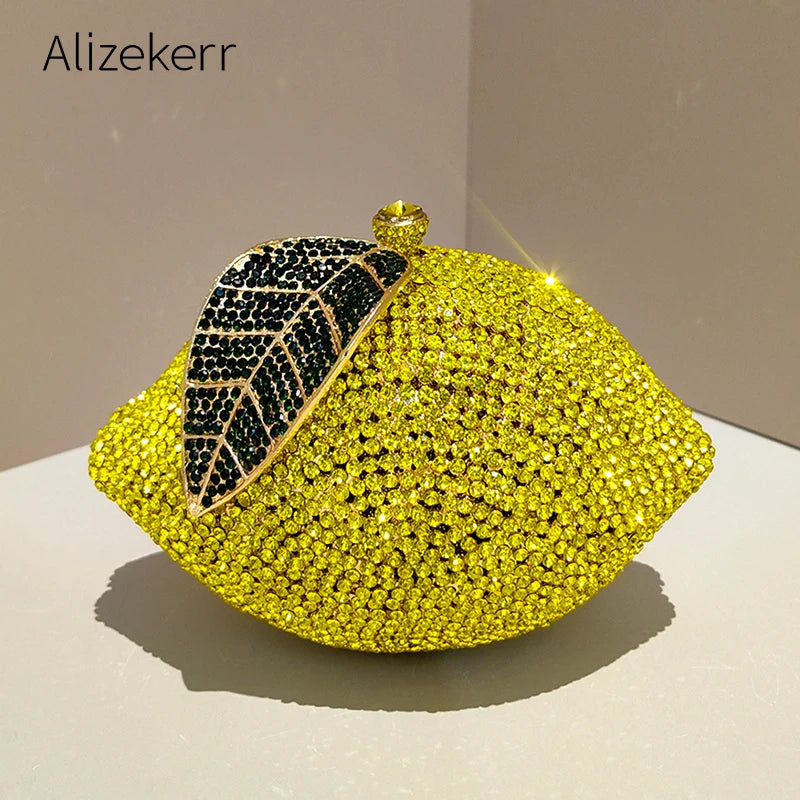 Petite pochette de soirée en citron avec strass et diamants, sac élégant pour mariage ou fête, luxe pour femme.