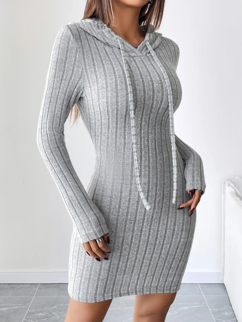Trendy Ribbed Knitted Hooded Slim Fit Dress with Drawstring - Comfortable Casual Style for Women - badassmood