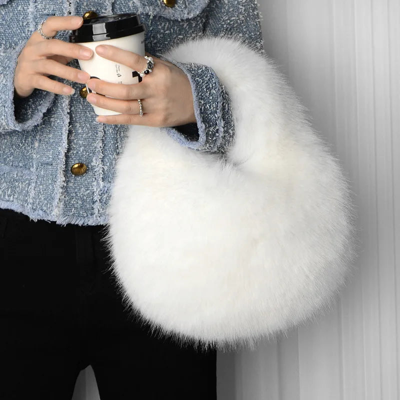 Fashion Soft Plush Half Moon Bags for Women Designer Fluffy Faux Fur Lady Handbags Luxury Small Tote Female Winter Purses - badassmood