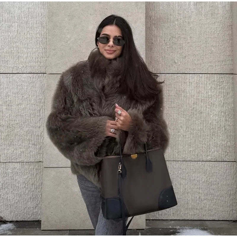 Manteau Fourrure Synthétique Marron Femme - Veste Longue Boutons Pression Hiver - badassmood