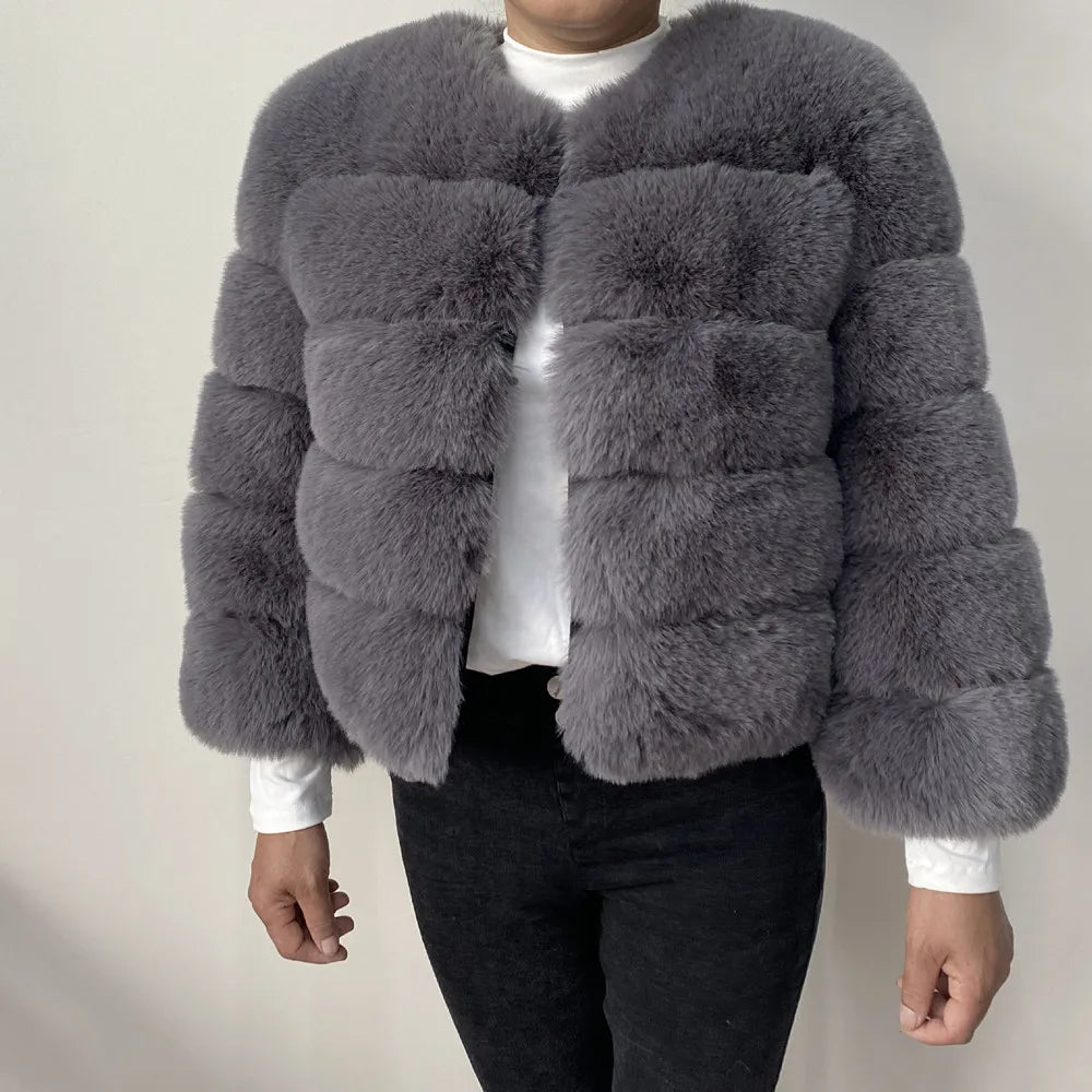 Veste Fourrure Renard Synthétique Beige Femme - Blouson Court Manches 3/4 - badassmood