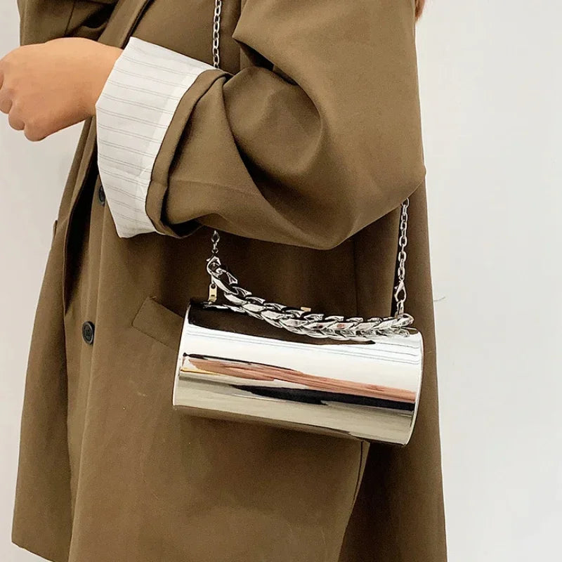 Pochette Cylindre Mini Soirée 2026 - Sac Femme Doré Bandoulière Box Clutch Party - badassmood