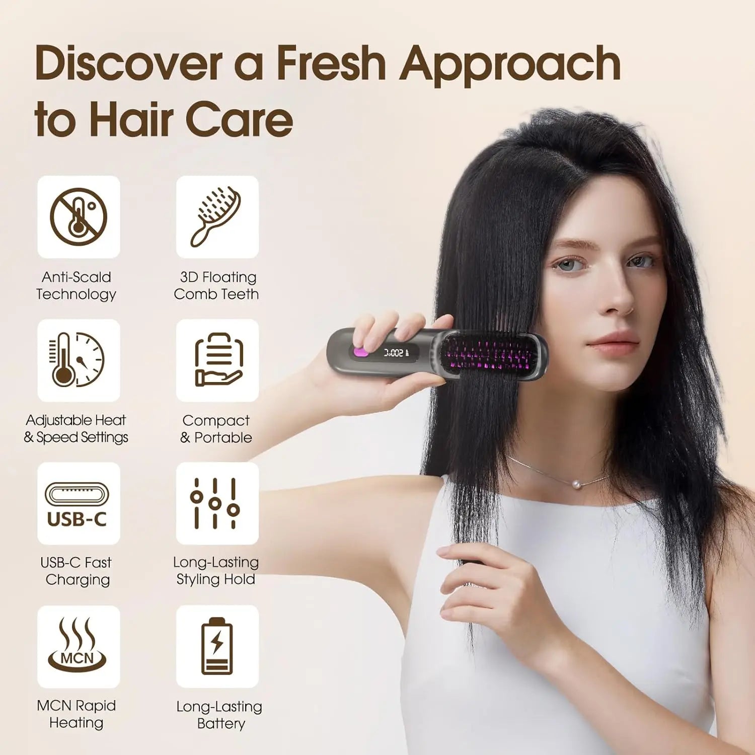 Brosse lissante sans fil Badassmood, mini lisseur portable rechargeable USB pour voyage, écran LCD et design compact.