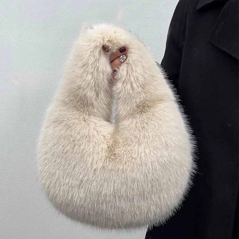 Fashion Soft Plush Half Moon Bags for Women Designer Fluffy Faux Fur Lady Handbags Luxury Small Tote Female Winter Purses - badassmood
