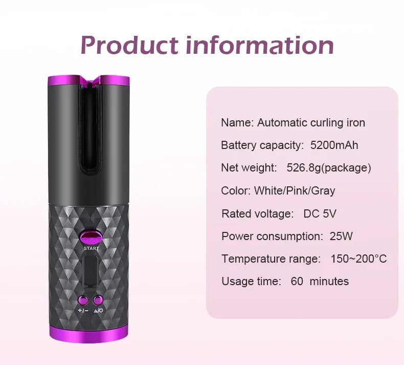 Boucleur automatique sans fil pour cheveux, rechargeable USB, facile à utiliser pour des boucles parfaites.