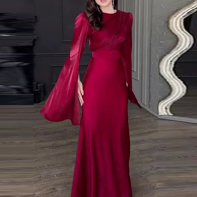 Robe Longue Satin Vintage Femme - Robe Taille Haute Col Rond Banquet Élégante - badassmood