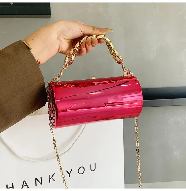 Pochette Cylindre Mini Soirée 2026 - Sac Femme Doré Bandoulière Box Clutch Party - badassmood