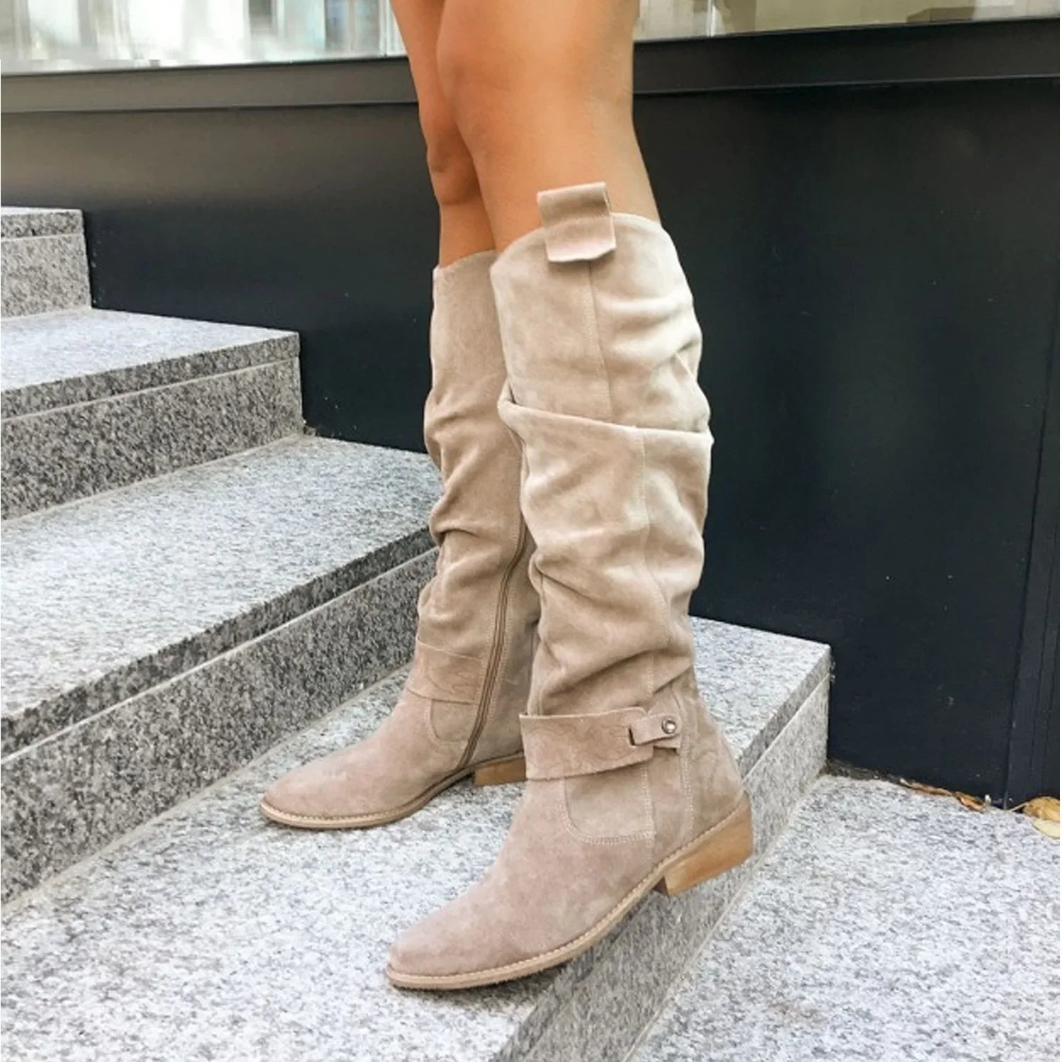 Bottes Cuissardes Femme Daim - Cuissardes Talons Bas Zip Latéral Rétro - badassmood