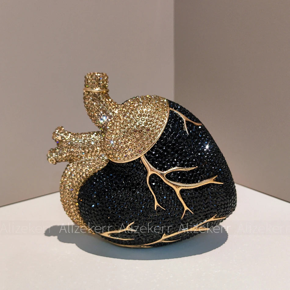 Pochette de soirée en forme de cœur avec strass et diamants, sac élégant pour mariage et fêtes, design luxe pour femme.