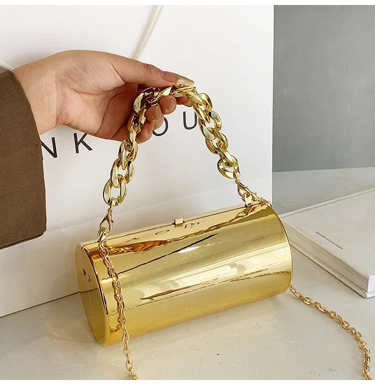 Pochette Cylindre Mini Soirée 2026 - Sac Femme Doré Bandoulière Box Clutch Party - badassmood