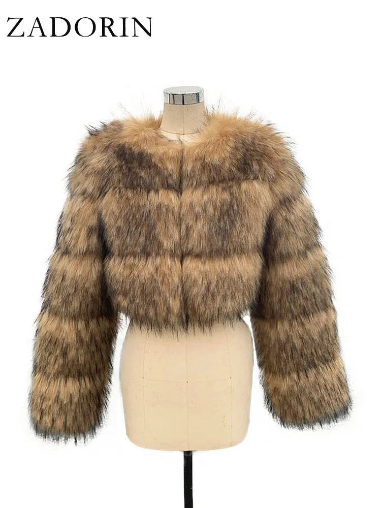 ZADORIN High Quality Cropped Faux Raccoon Fur Coat Women Winter Fashion O Neck Long Sleeve Fluffy Short Faux Fur Jacket Crop Top - badassmood