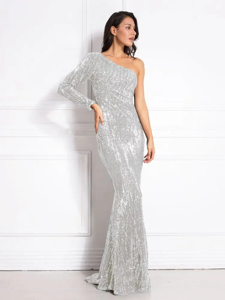 Robe de Soirée Sequins Asymétrique Femme - Robe Sirène Luxe Dos Nu