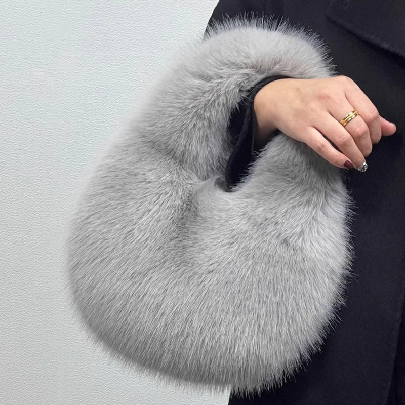 Fashion Soft Plush Half Moon Bags for Women Designer Fluffy Faux Fur Lady Handbags Luxury Small Tote Female Winter Purses - badassmood