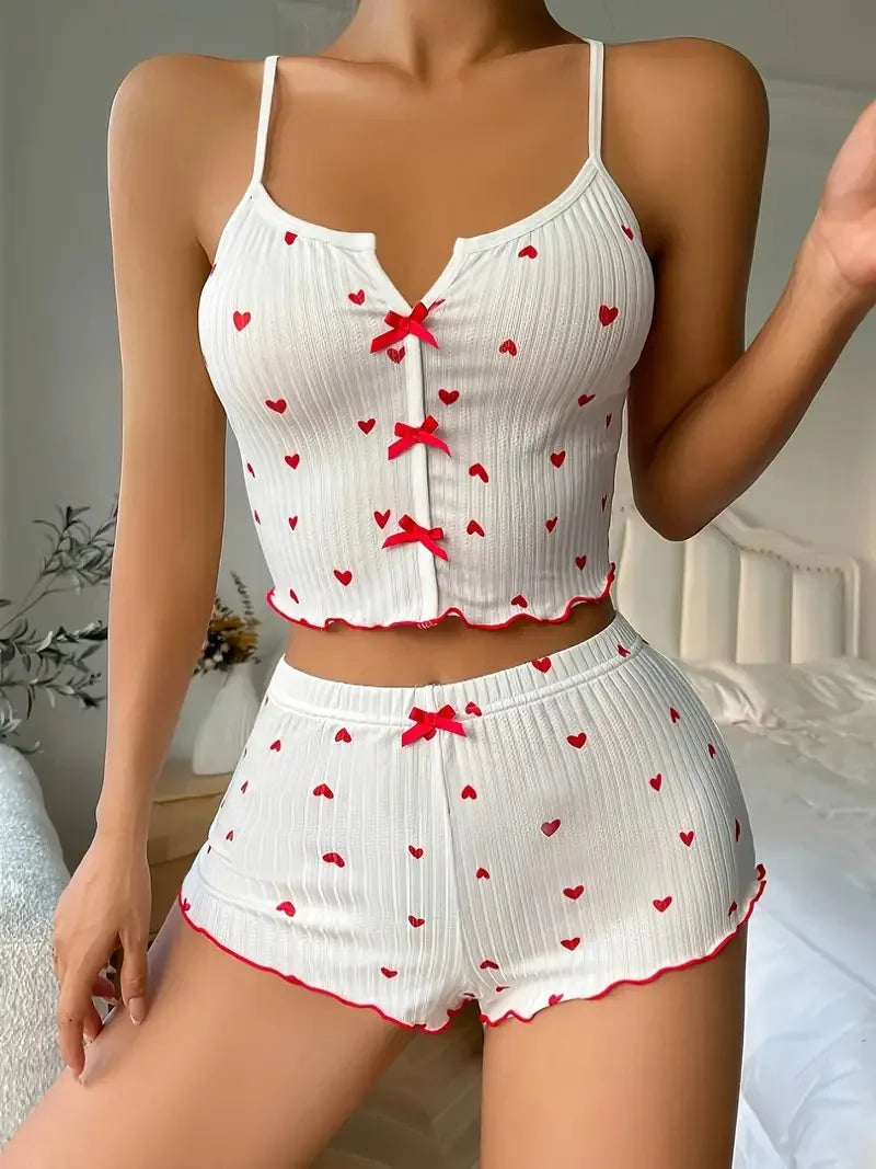 Pyjama Femme Cœurs - Ensemble Débardeur Short Côtelé Volants Été - badassmood