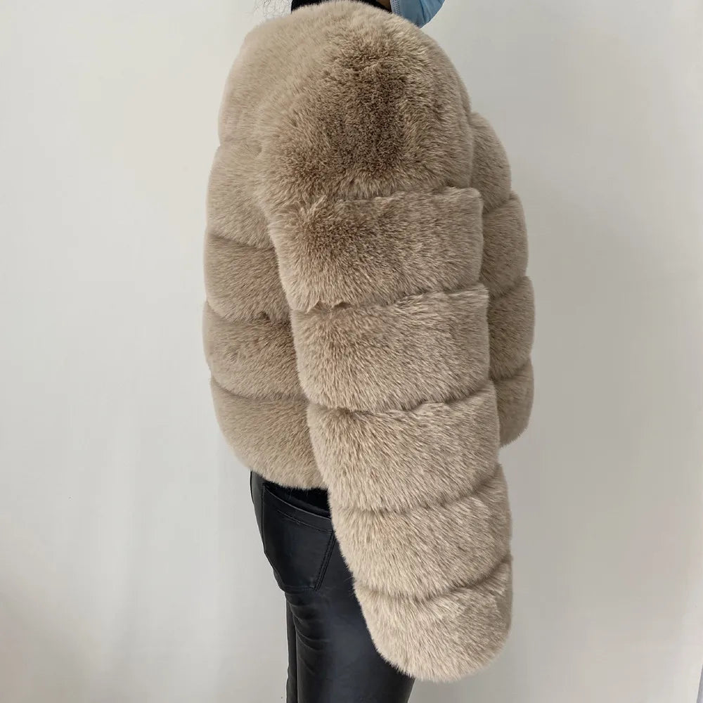 Veste Fourrure Renard Synthétique Beige Femme - Blouson Court Manches 3/4 - badassmood