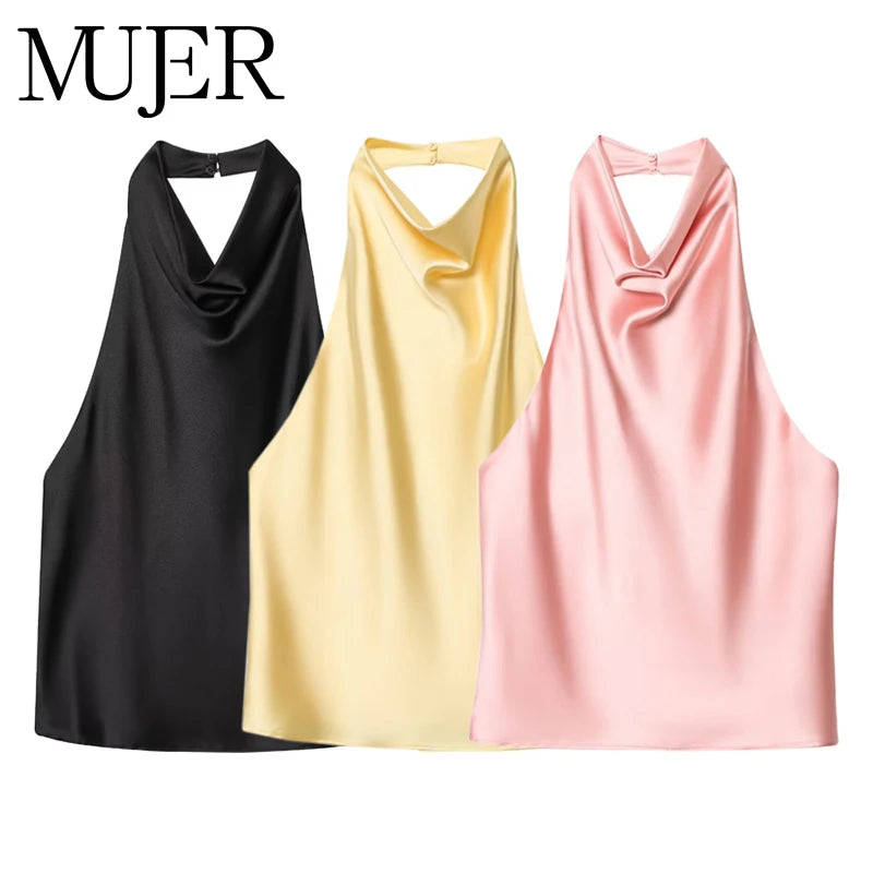MUJER 2025 Halter Tops for Women Black Satin Backless Top Female Pink Summer Beach Top Woman off Shoulder Camisole Top Women - badassmood