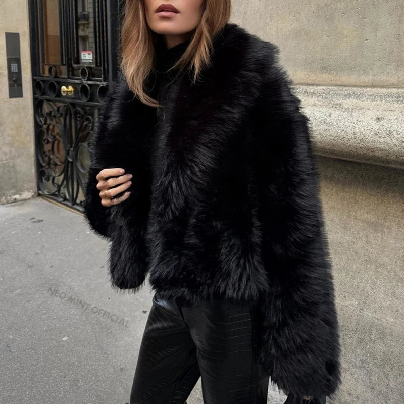 Manteau Fausse Fourrure Renard Noir - Col Châle Street Vintage Chic Hiver - badassmood
