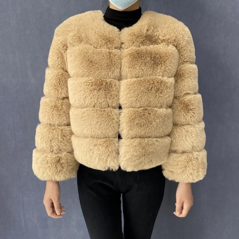 Veste Fourrure Renard Synthétique Beige Femme - Blouson Court Manches 3/4 - badassmood