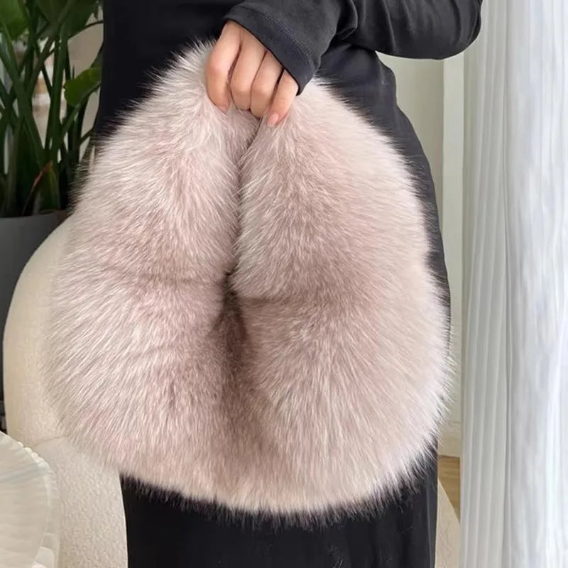 Fashion Soft Plush Half Moon Bags for Women Designer Fluffy Faux Fur Lady Handbags Luxury Small Tote Female Winter Purses - badassmood