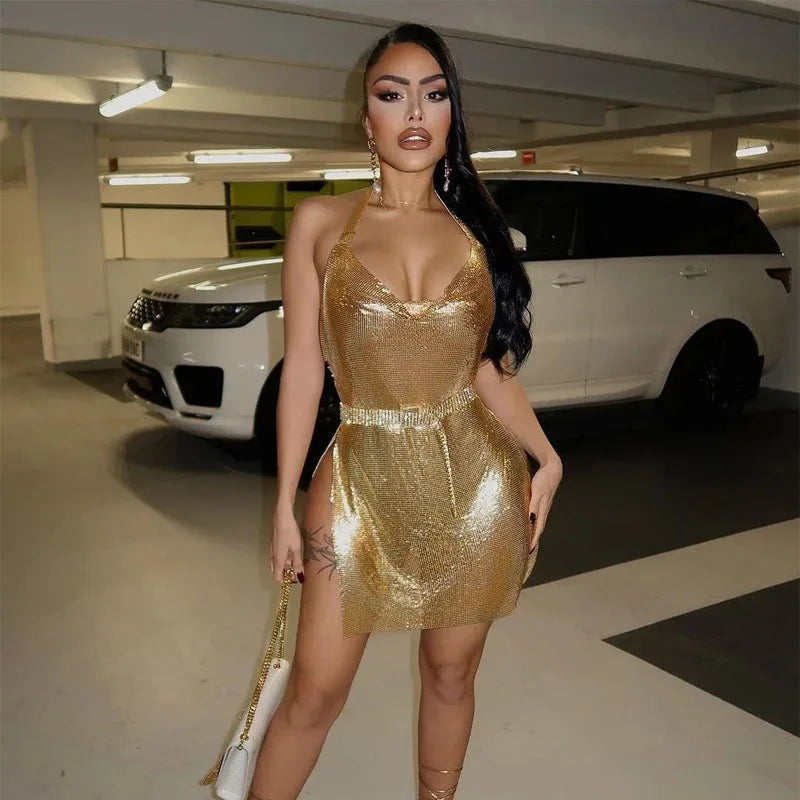 Robe Courte Sequins Dos Nu - Bretelles Soirée Party Glamour - badassmood