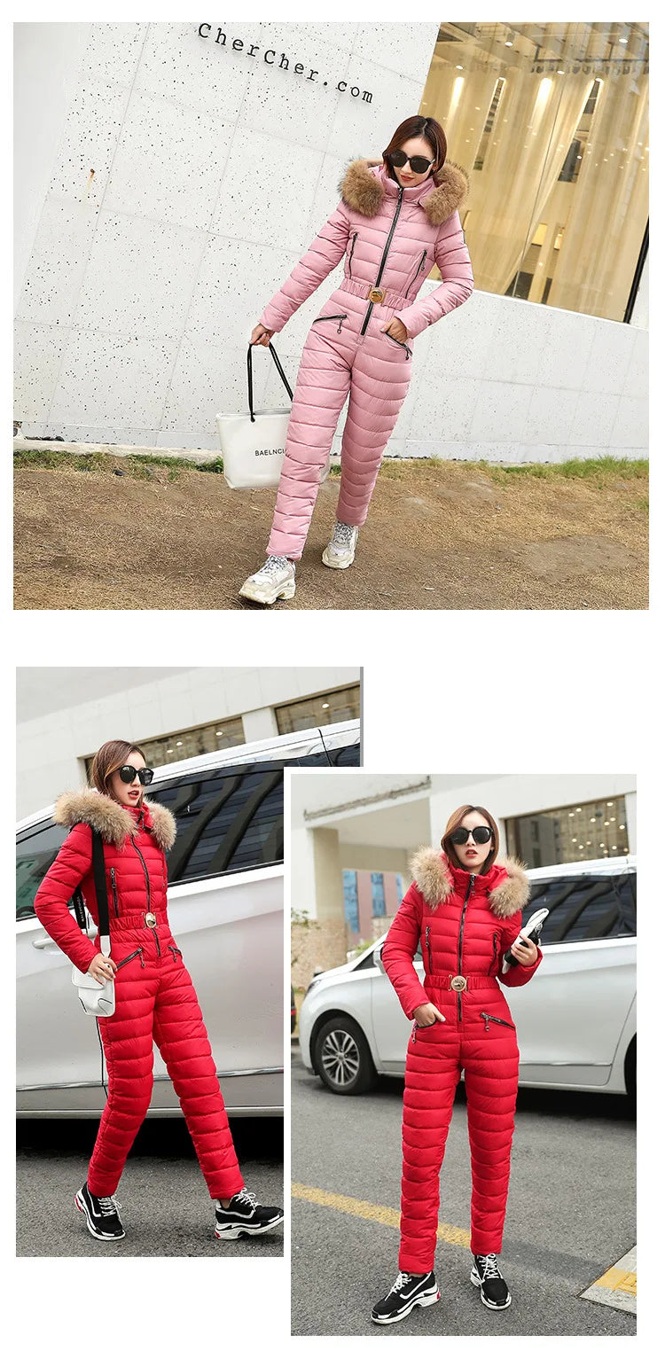 Combinaison Ski Femme Une Pièce 2025 - Parka Capuche Matelassée Coton Jumpsuit Hiver - badassmood