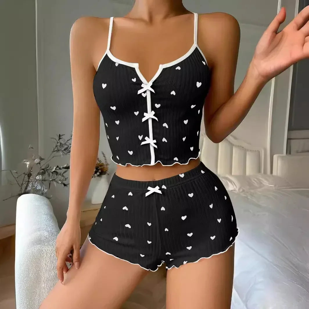 Pyjama Femme Cœurs - Ensemble Débardeur Short Côtelé Volants Été - badassmood