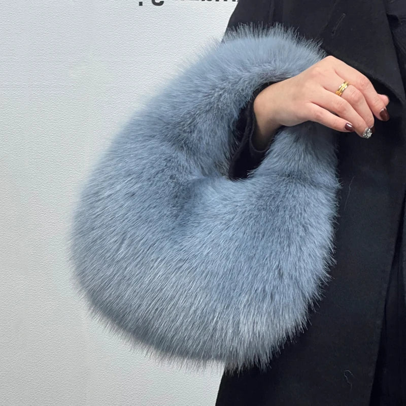 Fashion Soft Plush Half Moon Bags for Women Designer Fluffy Faux Fur Lady Handbags Luxury Small Tote Female Winter Purses - badassmood