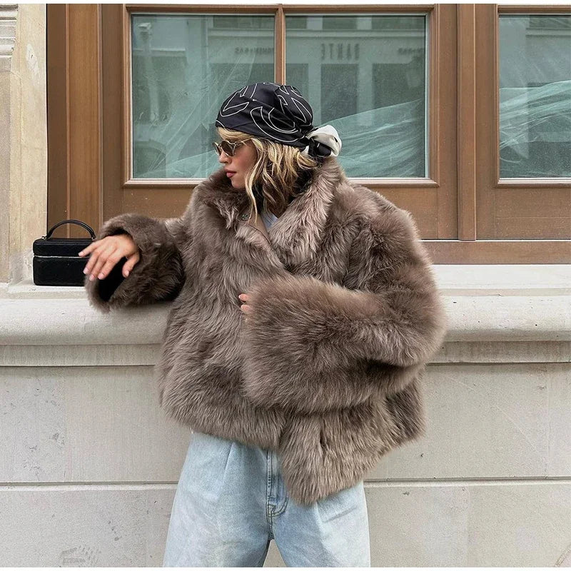 Manteau Fourrure Synthétique Marron Femme - Veste Longue Boutons Pression Hiver - badassmood