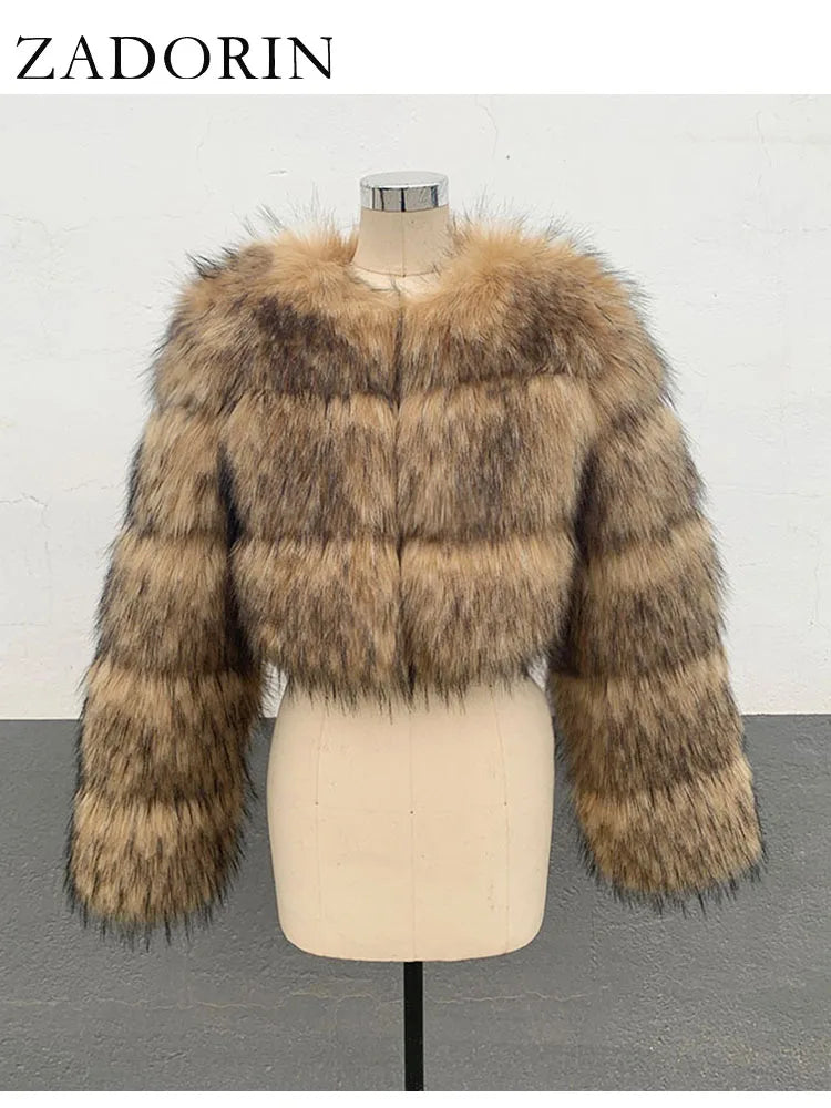 ZADORIN High Quality Cropped Faux Raccoon Fur Coat Women Winter Fashion O Neck Long Sleeve Fluffy Short Faux Fur Jacket Crop Top - badassmood